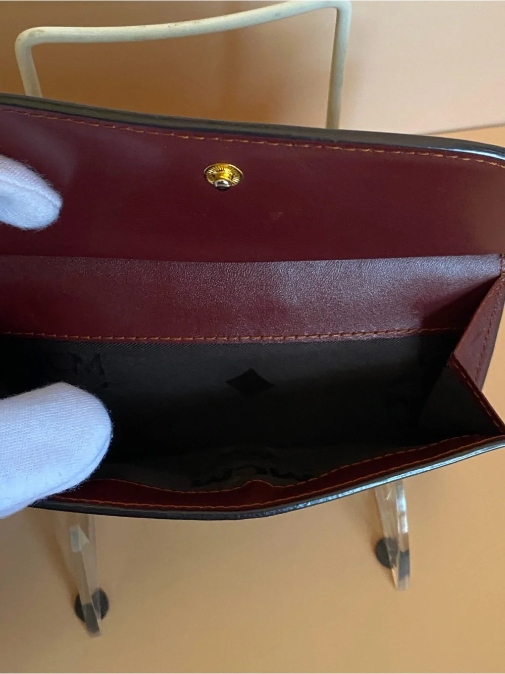 MCM Two-Tone Trifold Leather Continental Wallet in Burgundy and Cognac Brown